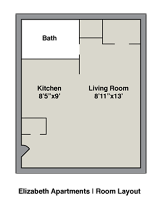 Simple room layout of an Elizabeth Apartments unit featuring a combined kitchen and living room area with labeled dimensions and a bathroom in the upper left corner.