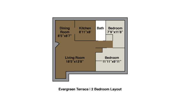 Two-bedroom apartment floor plan showing a living room, dining room, kitchen, bathroom, and two bedrooms with labeled dimensions.