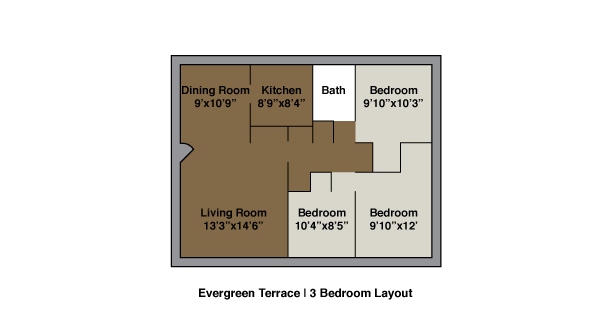 Three-bedroom apartment floor plan showing a living room, dining room, kitchen, bathroom, and three bedrooms with labeled dimensions.