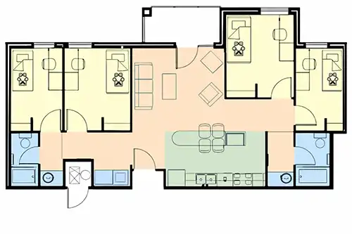Floor plan of a four-bedroom apartment with four private bedrooms, two shared bathrooms, a central living room, and an open kitchen.