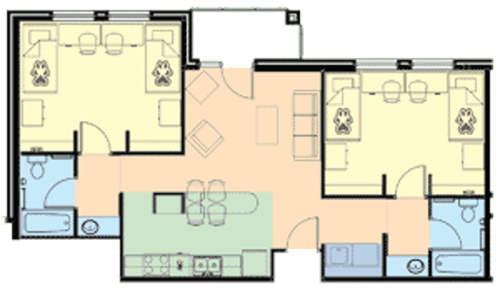 Floor plan of a two-bedroom apartment with two large shared bedrooms, two bathrooms, a living room, and an open kitchen.